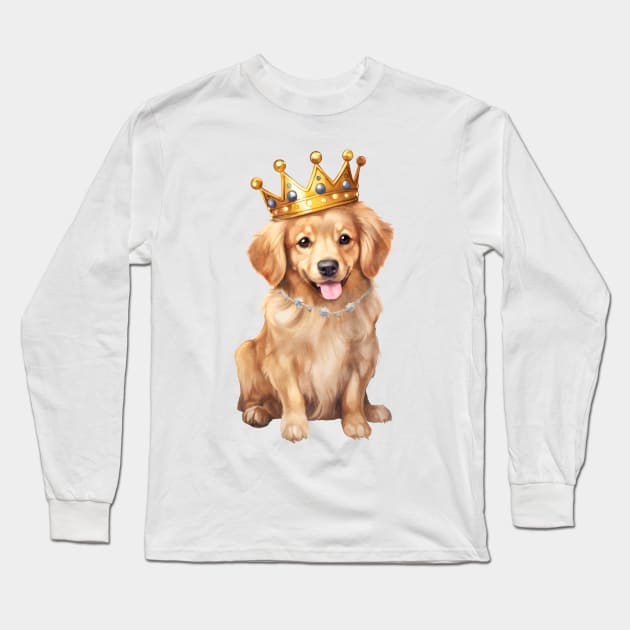 Watercolor Golden Retriever Dog Wearing a Crown Long Sleeve T-Shirt by Chromatic Fusion Studio